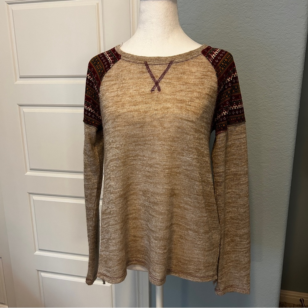 HEM & THREAD Tan and Burgundy Long Sleeve Sweater with Pattern Cabincore Size S